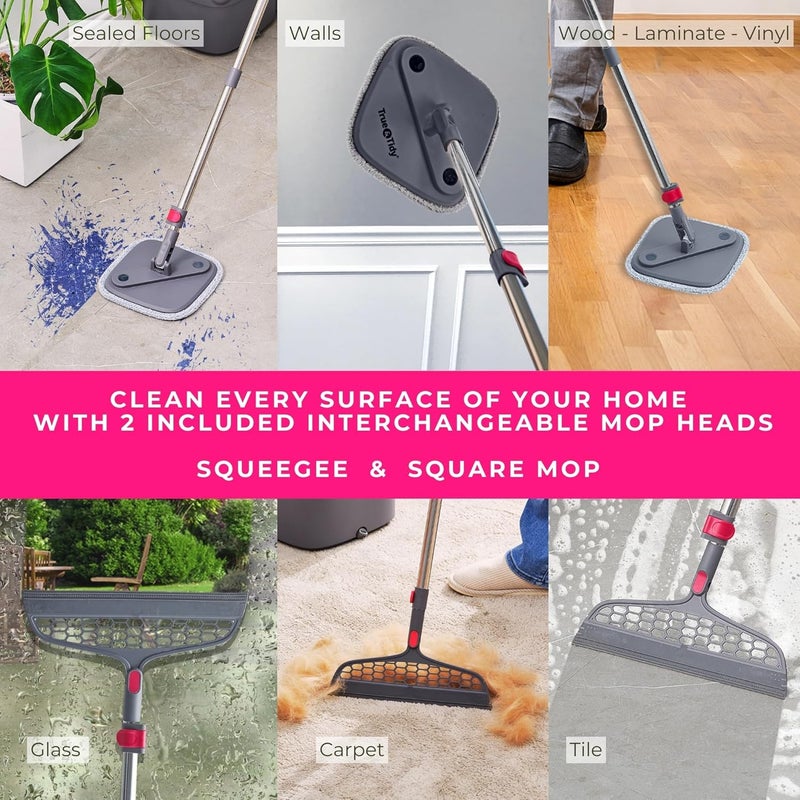 True & Tidy ممسحة دوارة مربعة ودلو ممسحة ذكية، أقسام منفصلة للمياه النظيفة والوسخة، تنظيف ذاتي مع ملحق المكنسة 2025 نسخة مطورة مع فرشاة جانبية ومقبض دوار 360° قائم بذاته - Image 5